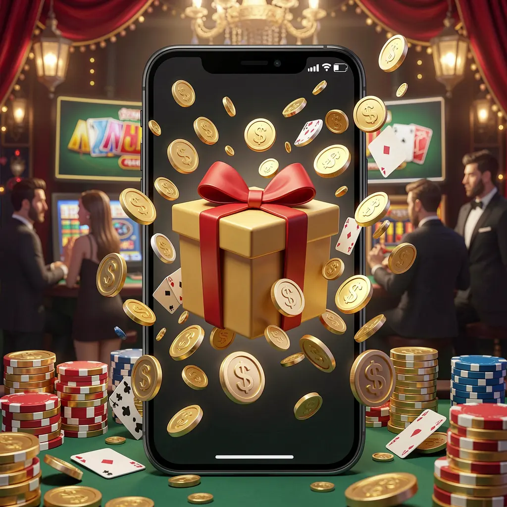 JVJILI mobile casino bonus app concept showing a phone screen with a gift box and coins bursting out in a festive casino atmosphere JVJILI mobile casino bonus app concept showing a phone screen with a gift box and coins bursting out in a festive casino atmosphere