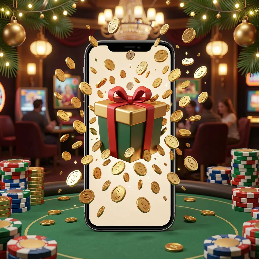 JVJILI mobile casino bonus app concept showing a phone screen with a gift box and coins bursting out in a festive casino atmosphere with premium 3D illustration JVJILI mobile casino bonus app concept showing a phone screen with a gift box and coins bursting out in a festive casino atmosphere with premium 3D illustration