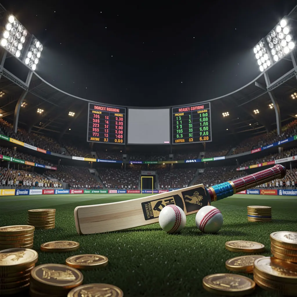 JVJILI cricket betting page hero banner featuring a cricket stadium at night with bright floodlights, a cricket bat and ball on a green pitch, glowing odds panels, and golden coins in a premium dark cinematic 3D render atmosphere