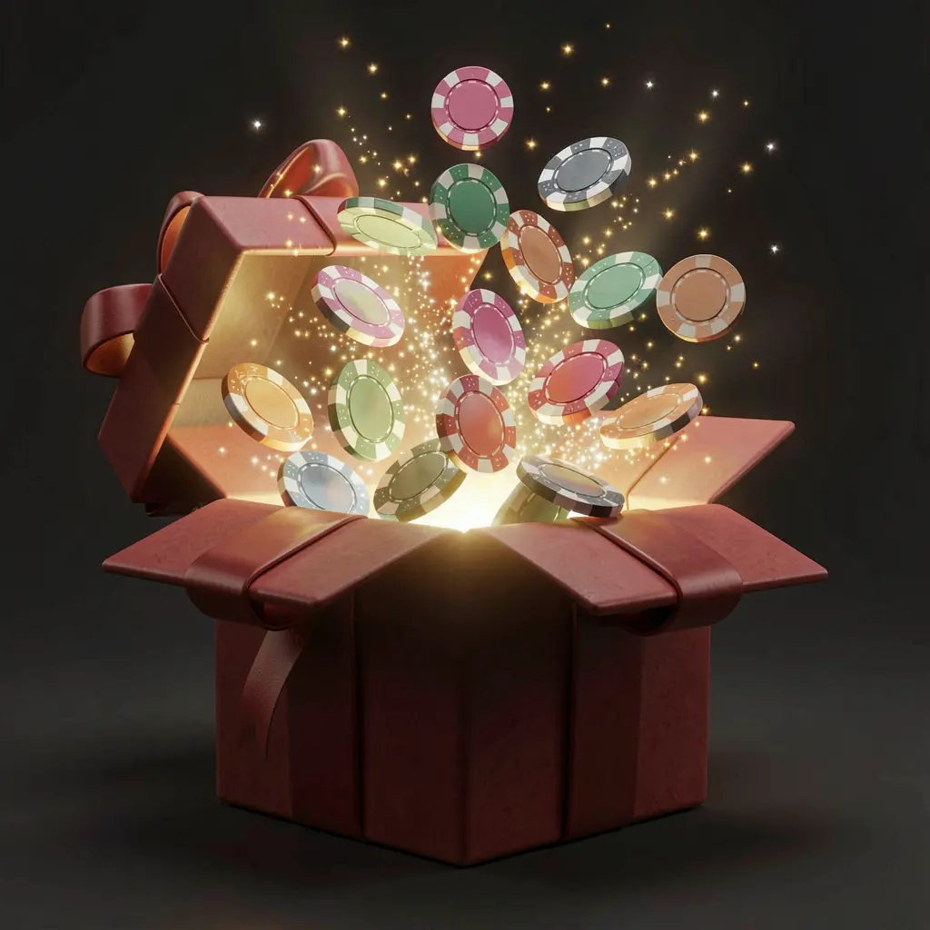JVJILI no deposit bonus visual featuring free casino chips emerging from a glowing gift box with magical sparkles on a dark premium background in a realistic 3D render JVJILI no deposit bonus visual featuring free casino chips emerging from a glowing gift box with magical sparkles on a dark premium background in a realistic 3D render