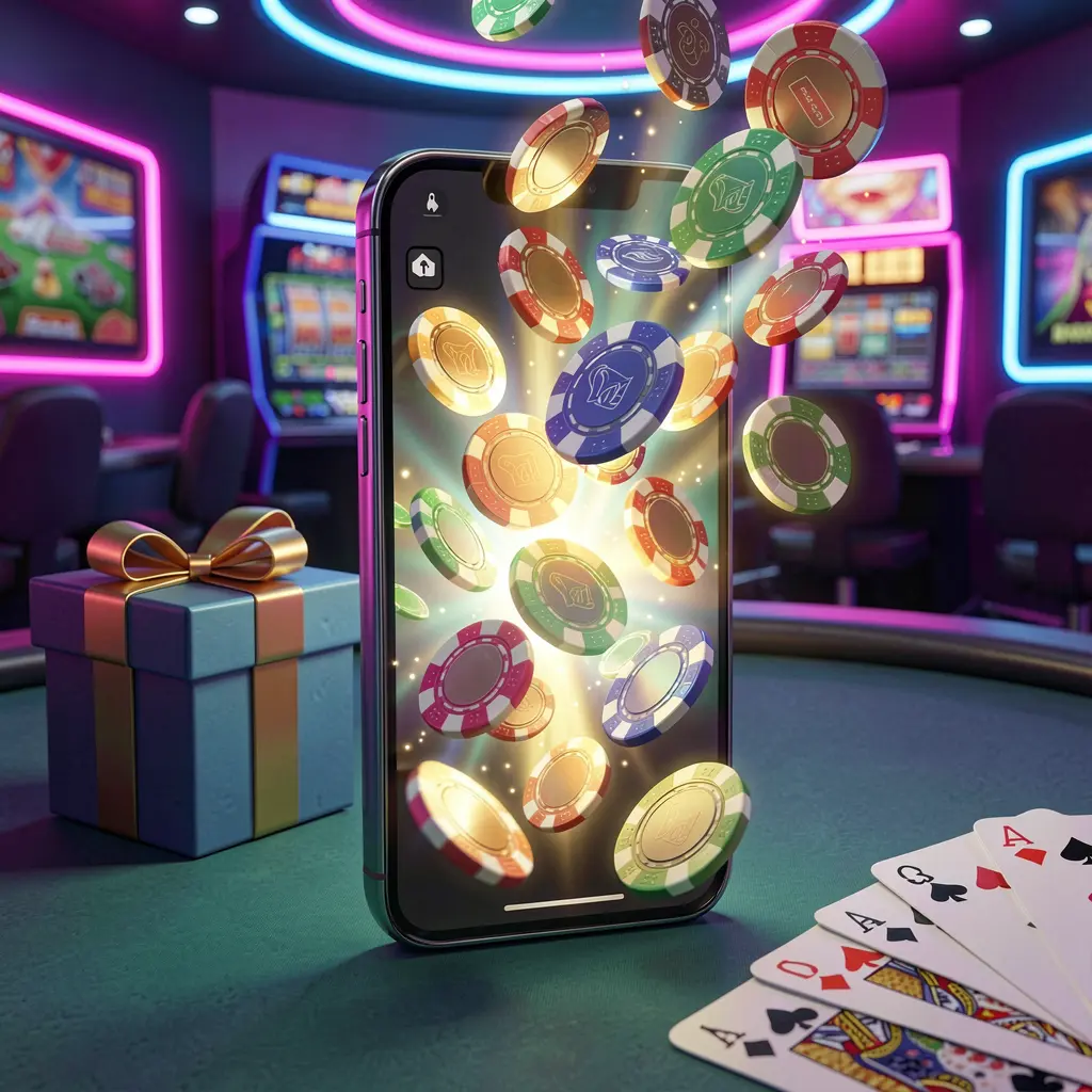 JVJILI mobile casino bonus scene with a modern smartphone displaying glowing casino chips and coins emerging from the screen, surrounded by a gift box and playing cards in a bright neon casino atmosphere JVJILI mobile casino bonus scene with a modern smartphone displaying glowing casino chips and coins emerging from the screen, surrounded by a gift box and playing cards in a bright neon casino atmosphere