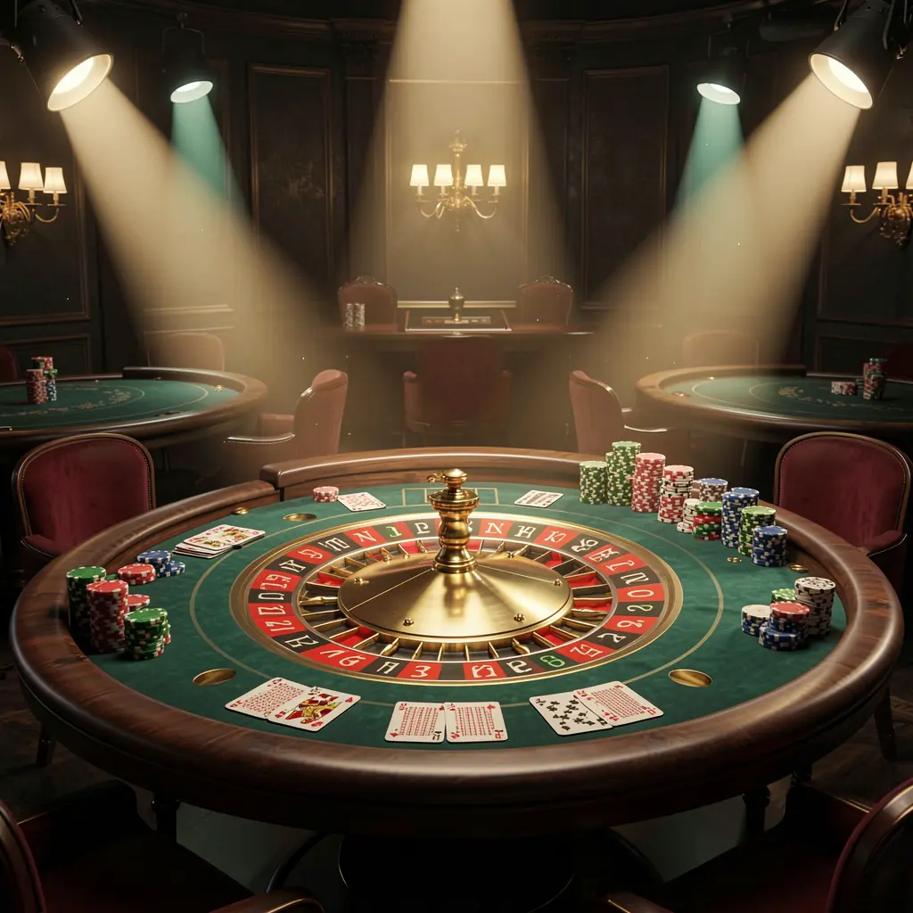JVJILI live casino scene featuring a roulette table, playing cards, and chips under glowing spotlights with a dark elegant background in a cinematic 3D style
