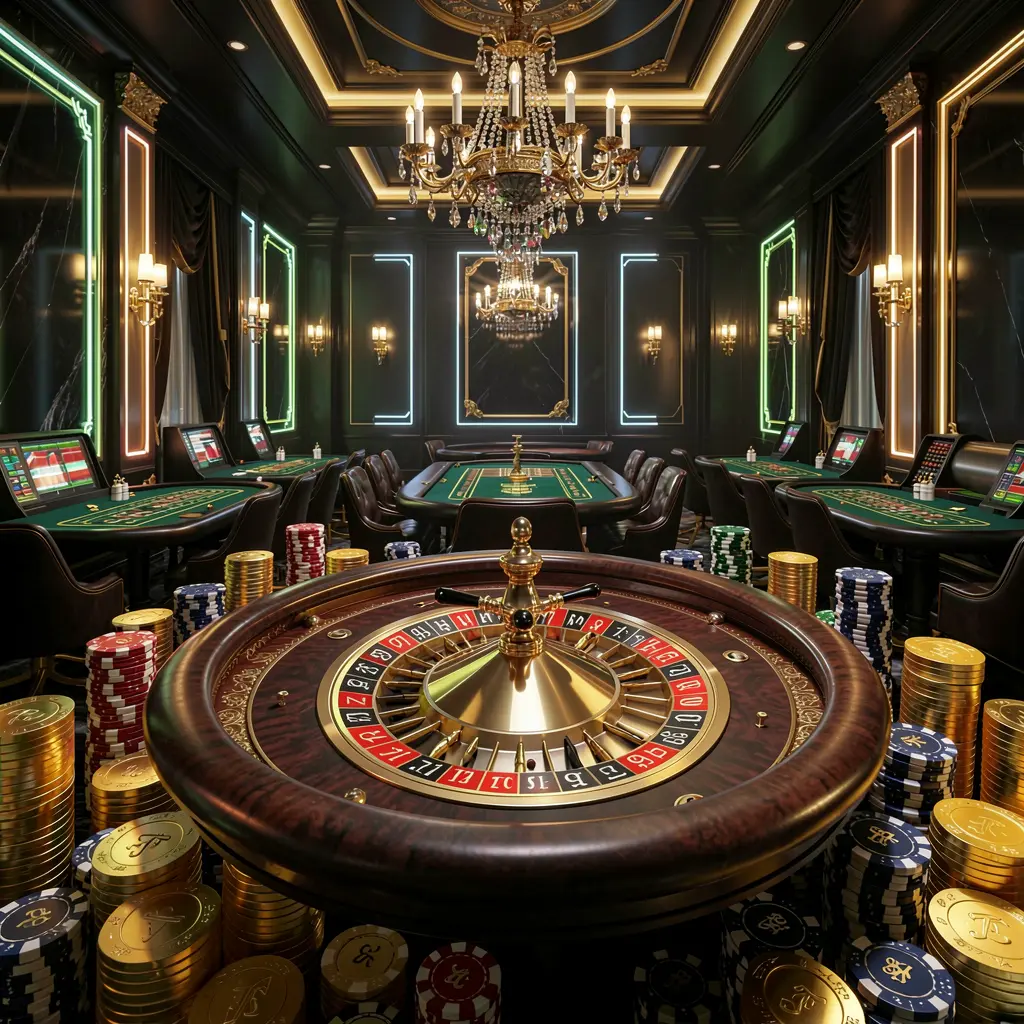 Luxury casino hall with roulette table, poker chips, and golden coins illuminated by glowing neon lights in a premium black and gold atmosphere, showcasing JVJILI's online casino experience