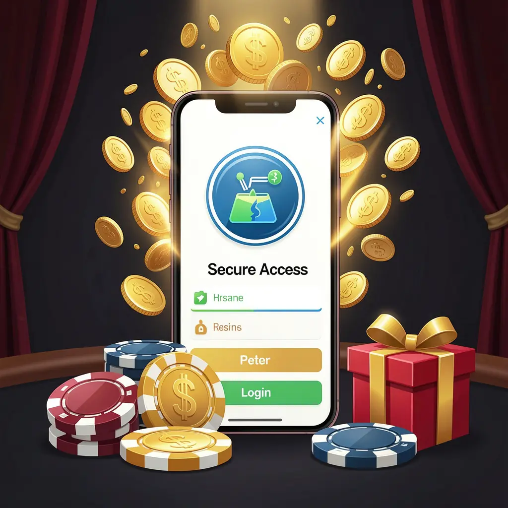 JVJILI casino user login illustration showing a phone with a secure access icon and golden coins bursting from the screen, surrounded by poker chips and a gift box against a dark premium background