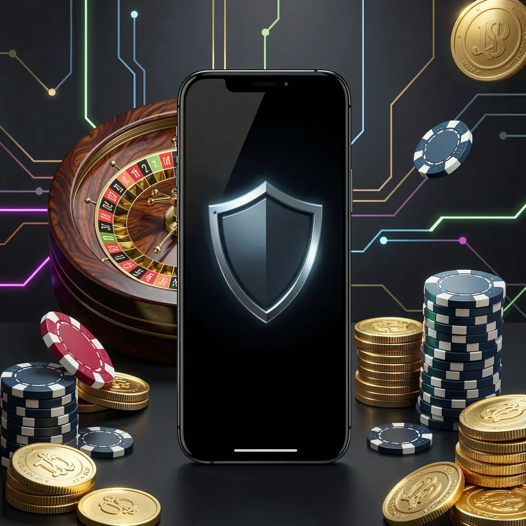JVJILI secure mobile casino access showing a phone screen with a shield icon, roulette wheel and poker chips in the background, golden coins, set in a dark cyber luxury atmosphere