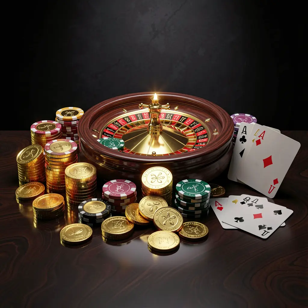 JVJILI premium online casino banner featuring golden coins, glowing chips, roulette wheel, and playing cards on a glossy table with an elegant dark background in a high detail realistic 3D render JVJILI premium online casino banner featuring golden coins, glowing chips, roulette wheel, and playing cards on a glossy table with an elegant dark background in a high detail realistic 3D render