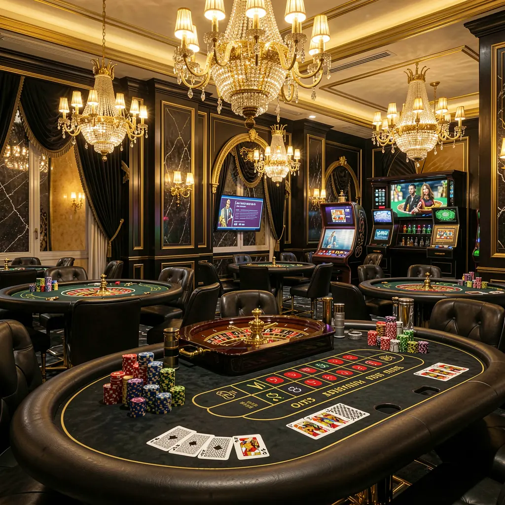 JVJILI luxury online casino lobby with glowing roulette tables, golden lights, poker chips and cards in a premium black and gold design JVJILI luxury online casino lobby with glowing roulette tables, golden lights, poker chips and cards in a premium black and gold design